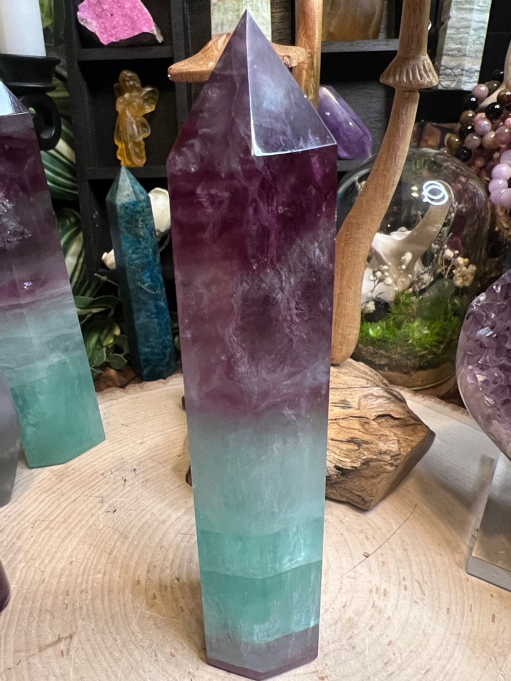 Tall watermelon fluorite tower